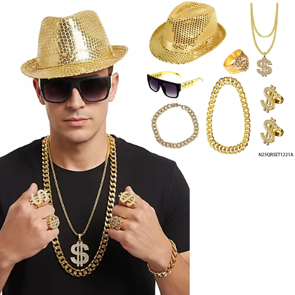 PESENAR jaren 90 retro hiphop kostuum set pailletten hoed dollar sieraden gouden ketting zonnebril partij accessoire
