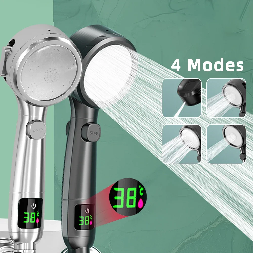 

High Pressure Handheld Bathroom Shower Head Water Saving Showerhead Pressurized Adjustable Spray LED Digital Temperature Display