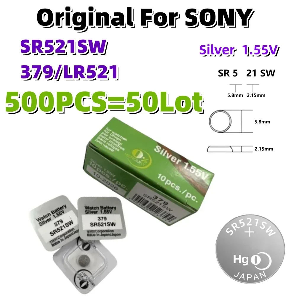 

500PCS Original For SONY LR521 SR521 Button Batteries SR521SW 379A 379 179 SR63 1.55V Alkaline Coin Cell Silver Oxide Watch