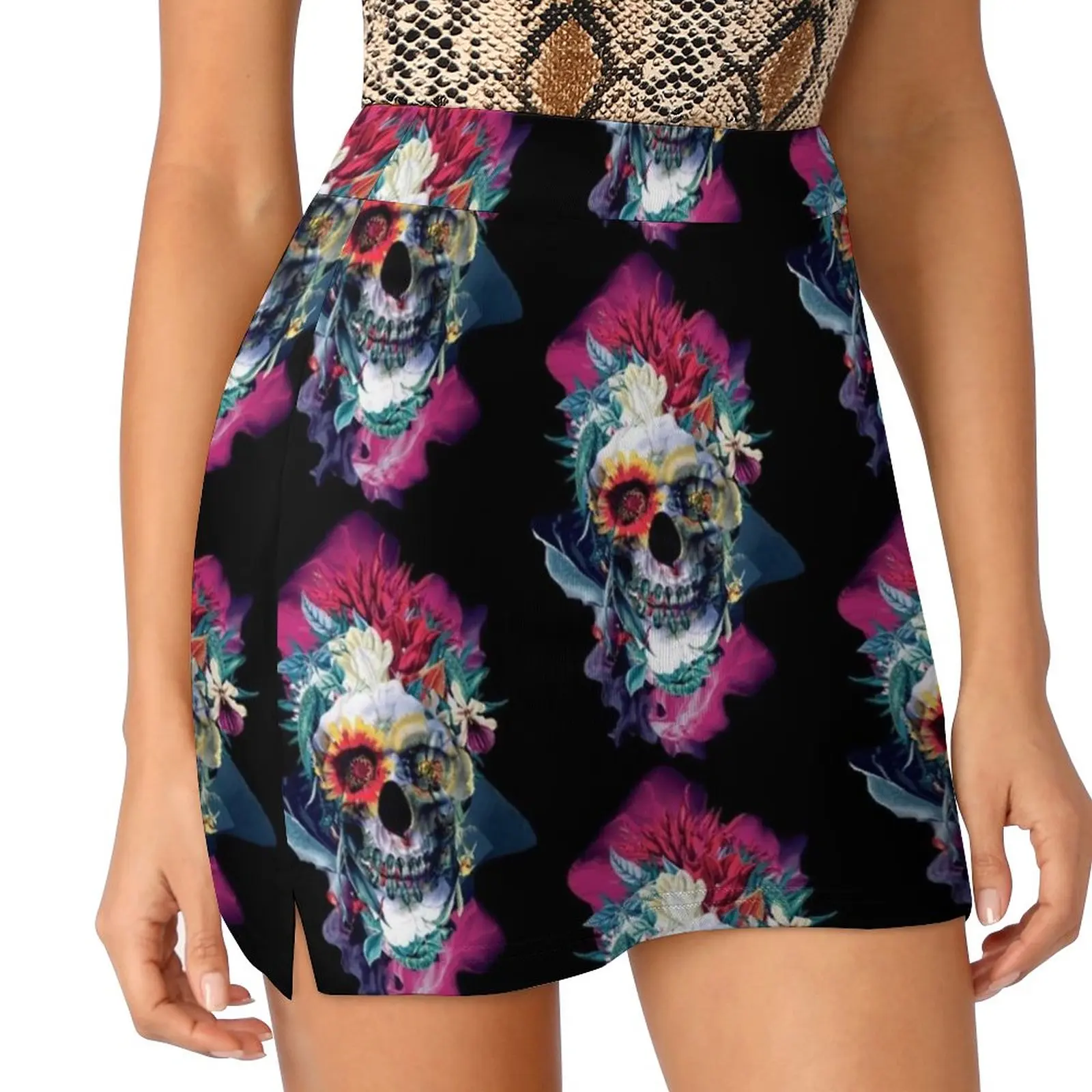 Floral Skull Blue Women's skirt With Pocket Vintage Skirt Printing A Line Skirts Summer Clothes Skulls Flowers Birds Collage