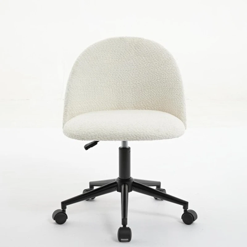 White Boucle office chair Desk Chair, Mid-Back Adjustable Swivel Computer Chair with Black Legs , Modern Upholstered Desk Chair