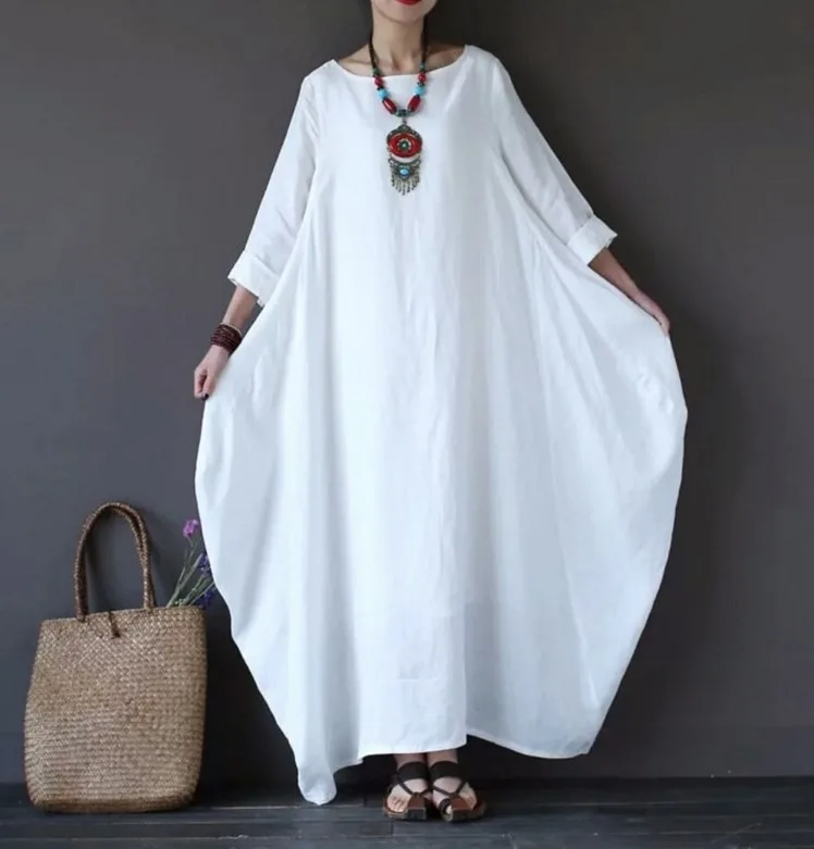 

Maxi Dresses Women O Neck Three Quarter Sleeve Dress Spring Loose White Slight Strech Pullover Ankle Length Vestidos Casual