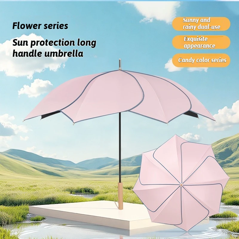 

Women's Creative Umbrella Petal Shape Flower Long Wood Handled Rain and Sunshine Dual-use UV Protection Straight Pole Umbrella