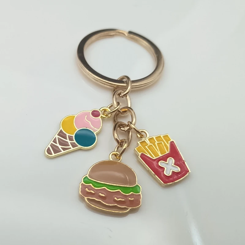 Creative Food Keychain Enamel Hamburger Ice Cream French Fries Keychain Ladies Men Keychain Car Keychain Bag Pendant Jewelry