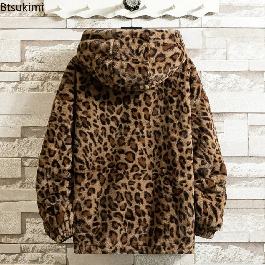 Men\'s Autumn Winter Hooded Jacket Fashion Couple Leopard Two-side Plush Zipper Coats Causal Loose Windbreaker Outerwear for Men
