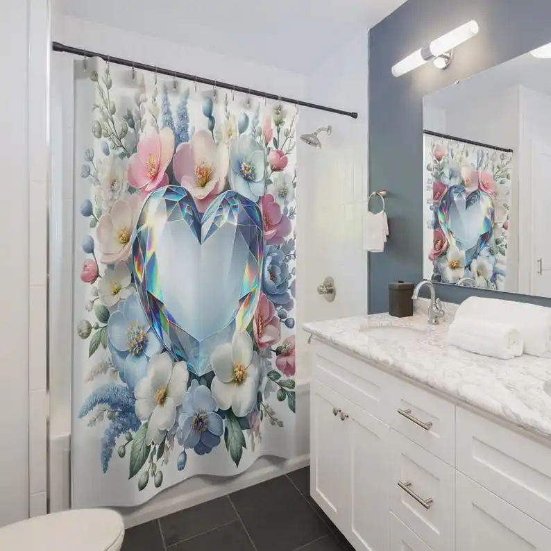 

Алмазное/кристаллическое сердце с цветочными акцентами, занавеска для душа, элегантный декор для ванной комнаты, свадьба, красивый цветочный дизайн