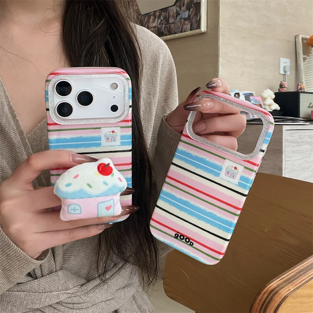 

Korea INS Color Stripe Warm Plush House Stand Phone Case for iPhone 16 15 Pro Max 14 17 Pro Cover Cartoon Holder Protection case