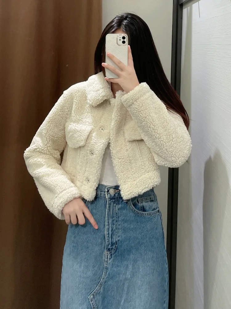 Korean style Women\'s Double Pocket Fleece Short Coat Autumn Winter New White Single-breasted Shirt Jacket Female