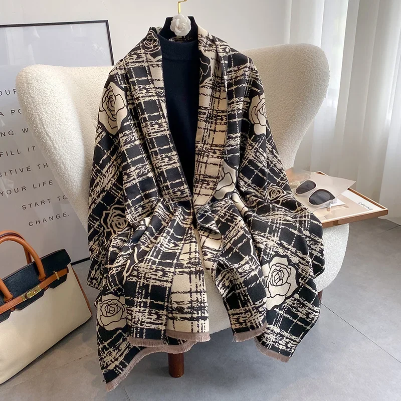 

Luxury Camellia Double-sided Imitation Cashmere Scarf Women's New Winter Warm Scarf Thickened Outer Shawl