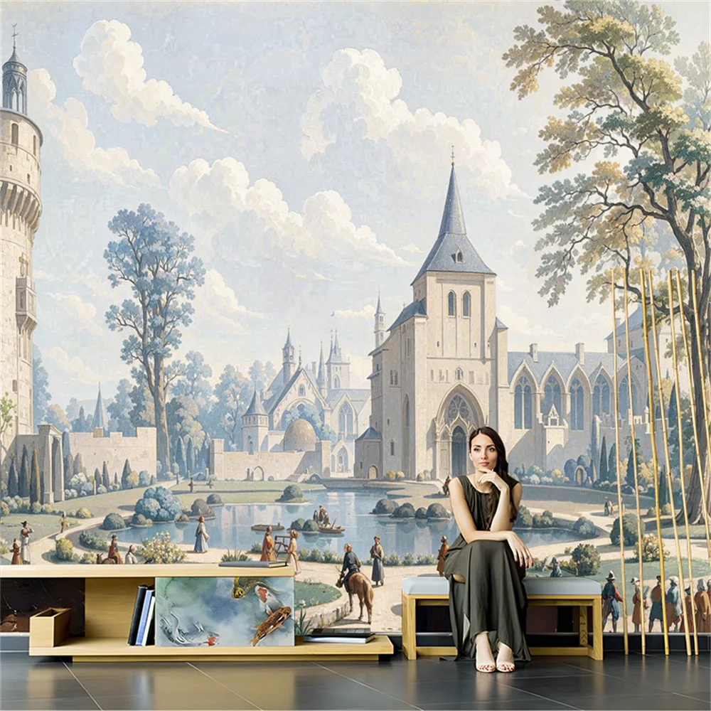 custom Nordic medieval oil painting wall paper background European retro Western architectural 3D wallpaper bedroom living room