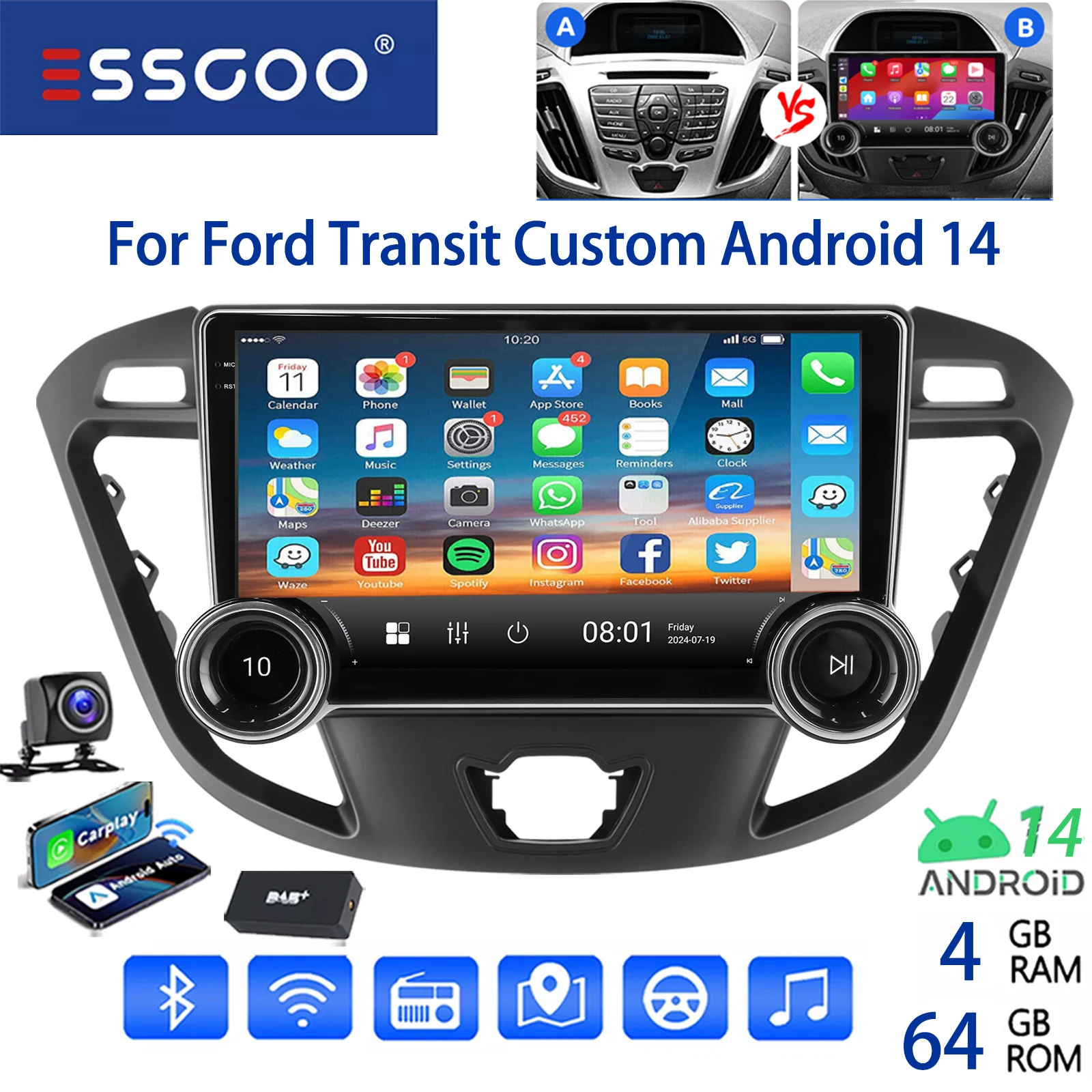 ESSGOO 10 "Android 14 Auto Stereo Radio Für Ford Transit Custom 2012-21 Carplay Android Auto GPS Navi FM WiFi BT RDS Spiegel Link