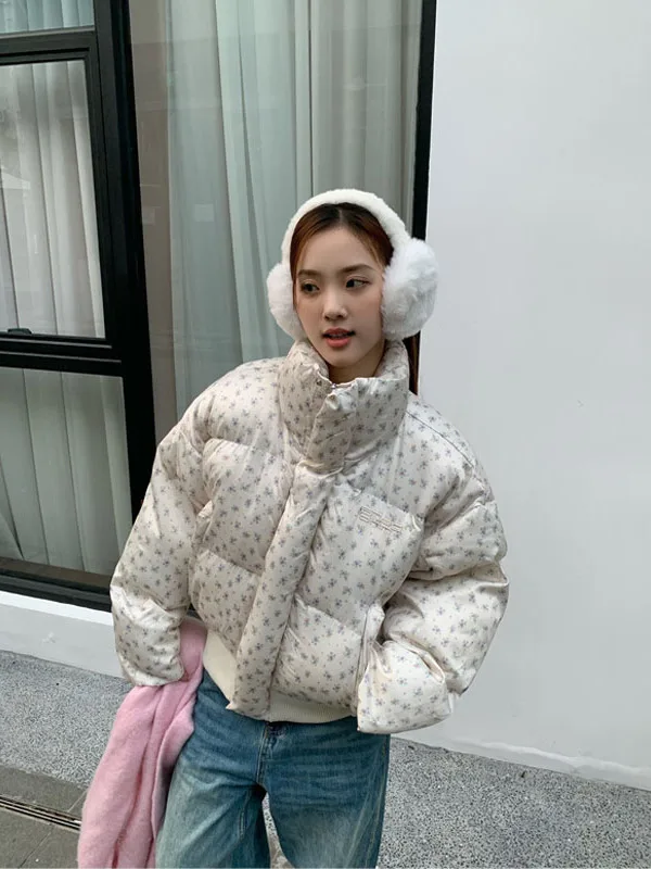 

Winter Fashion Sweet Floral Print Versatile Cotton Jacket Women's New Style Stand Collar Warm Bread Style Coat Trendy