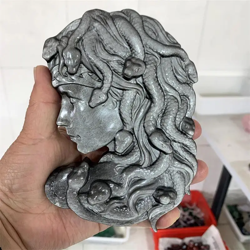 

Natural Silver Obsidian Medusa Carving Hand Cartoon Stones Healing Polished Mineral Ornaments Home Decoration 1PCS