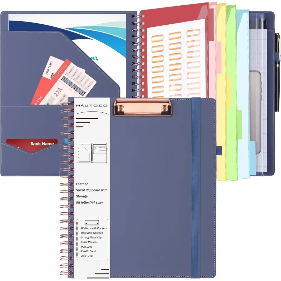 

Leather Clipboard Folio with Storage Zipper Pouch Notepad Busin Card Holder 5 Divider with 10 Pocket File Folder Label Pen Loop