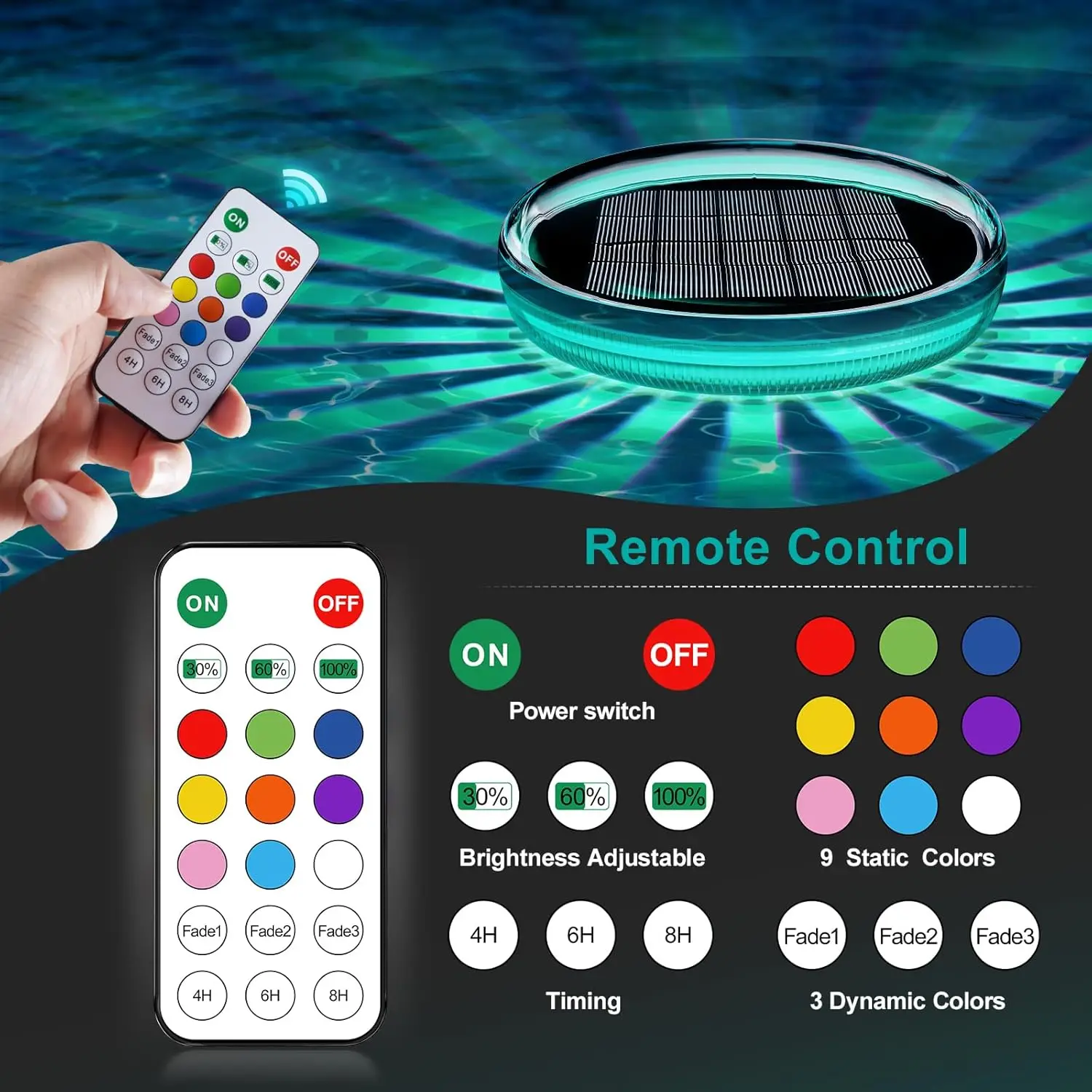F5 Solar Rechargeable Floating Pool Light with Remote Control 9 Lightings Timing Mode Pool Light for Party Bathroom Bathtub Lamp