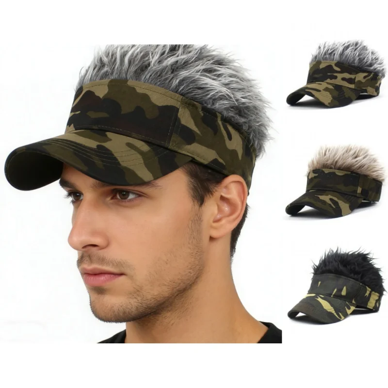 

Mens Spiked Hairs Wig Baseball Cap Hat Short Hairs Sunhat Camouflage Printed Army Green Jungle Hiking Running Sunshade Visors