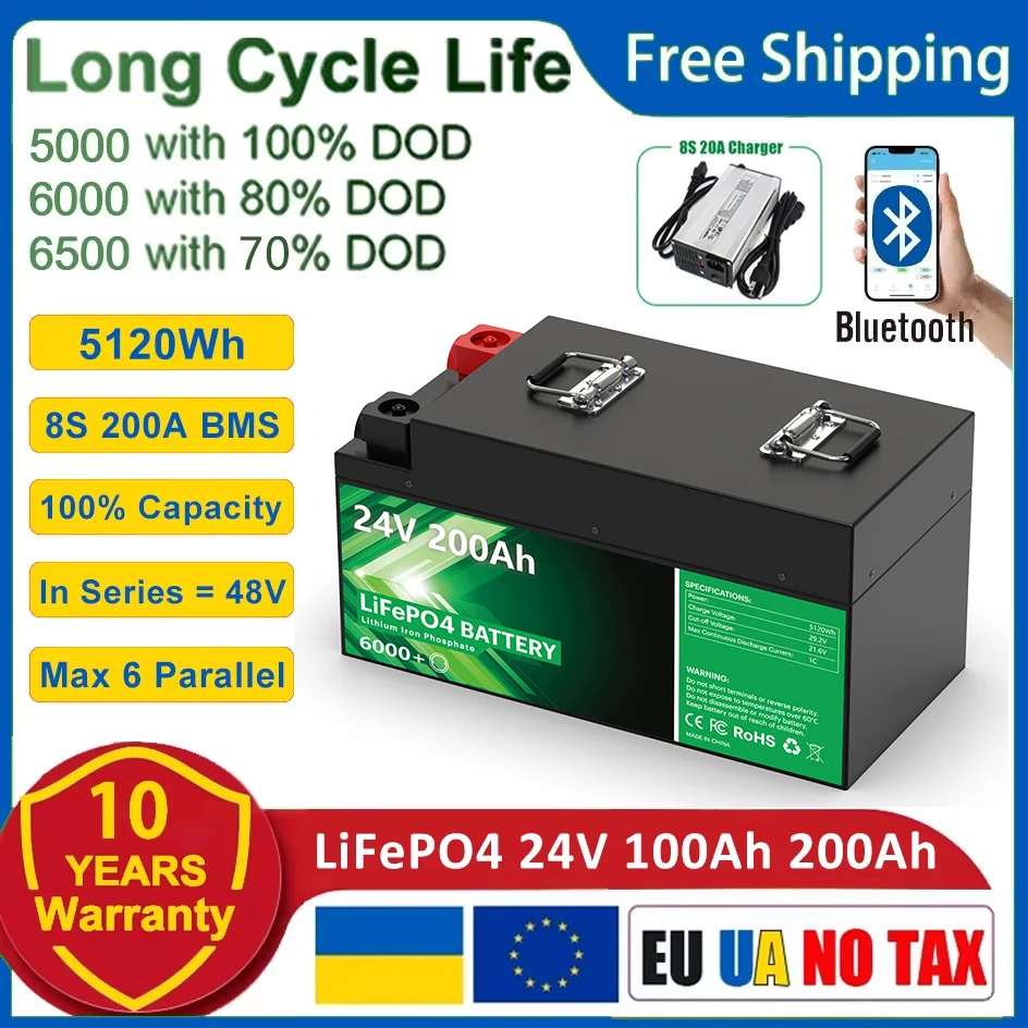 LiFePO4 24V 200Ah 100Ah Battery Pack 6000+ Cycles Bluetooth 8S BMS Grade A Cell 100% Capacity 12V Home Lithium Battery UA NO TAX