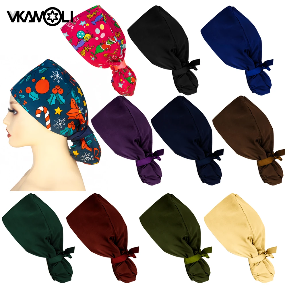 

Атласная ткань с рождественским узором, однотонная шапочка с длинными волосами и хвостиком для врача и медсестры, шапочка-скраб