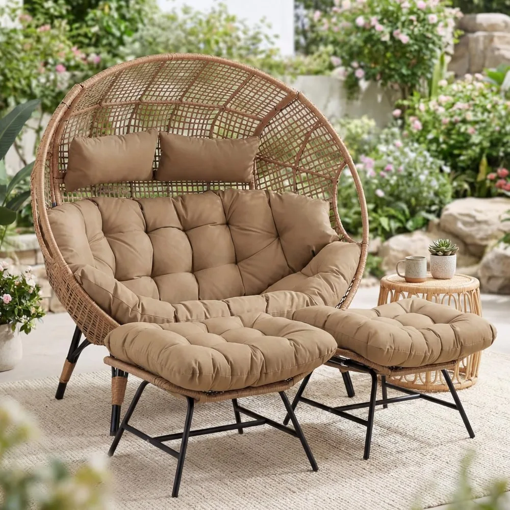 Tan Large Wicker Hanging Chair with Ottoman Woven Rattan Seat for Indoor Outdoor Patio Balcony Porch