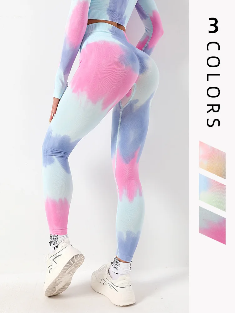 

2024 New Gradient Tie Dyed Peach Hip Sports Fitness Pants with Elevated Hips and High Waist Seamless Yoga Pants for Fitness Yoga