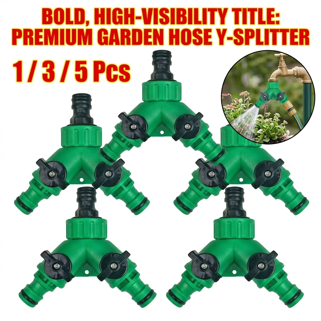 Garden Water Splitter Y Connector 2-Way Valve with Switch - Quick Plastic Adapter for Faucet Irrigation Flower Landscaping