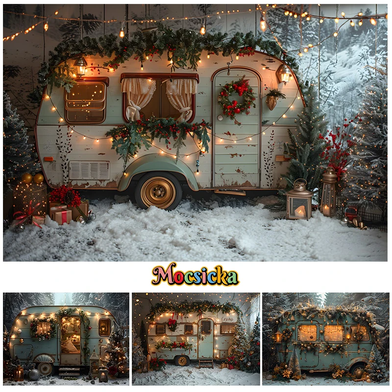 

Mocsicka Winter Christmas Car Photography Background Camping Forest Xmas Trees Kids Family Portrait Decor Backdrop Photo Studio