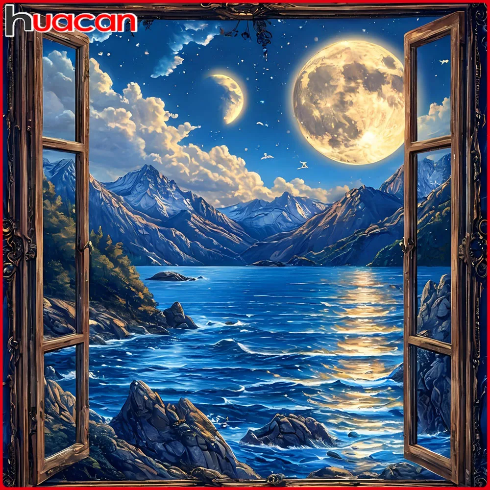 Huacan Diamantgemälde, Meer, Berg, Mond, Diamantmosaik, Landschaft, komplettes Set, dekorative Gemälde
