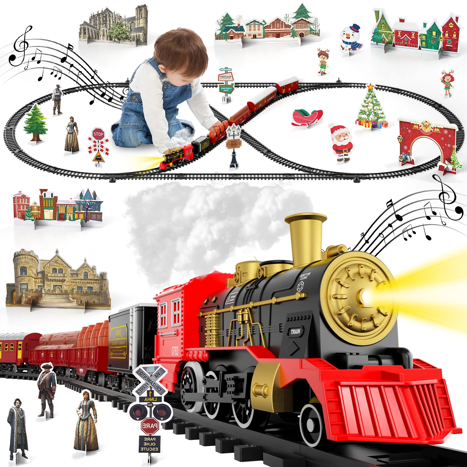 Train Set Toys for Kids, Christmas Train Sets Toys for Kids W/Smokes, Light & Sound Include 6 Car and 28 Tracks