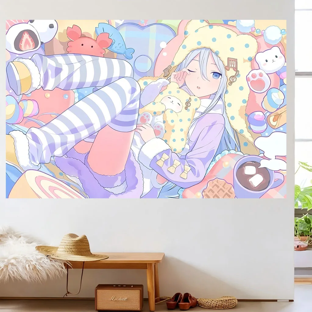 Kawaii Anime Girl Bear Hood Pajama Wall Hanging Cute Pastel Sweet Background Cloth Dorm Bedroom Decor Manga Wall Tapestry Fan