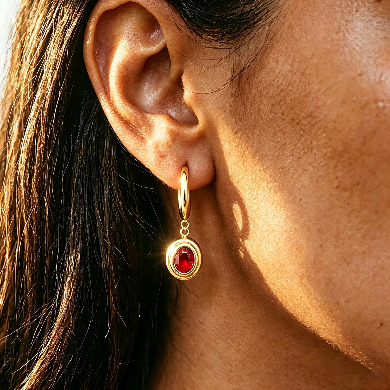 Vintage Palace Style Oval Red CZ Dangle Huggie Hoop Earrings Stainless Steel Gold Plated Elegant Retro Drop Earrings For Women