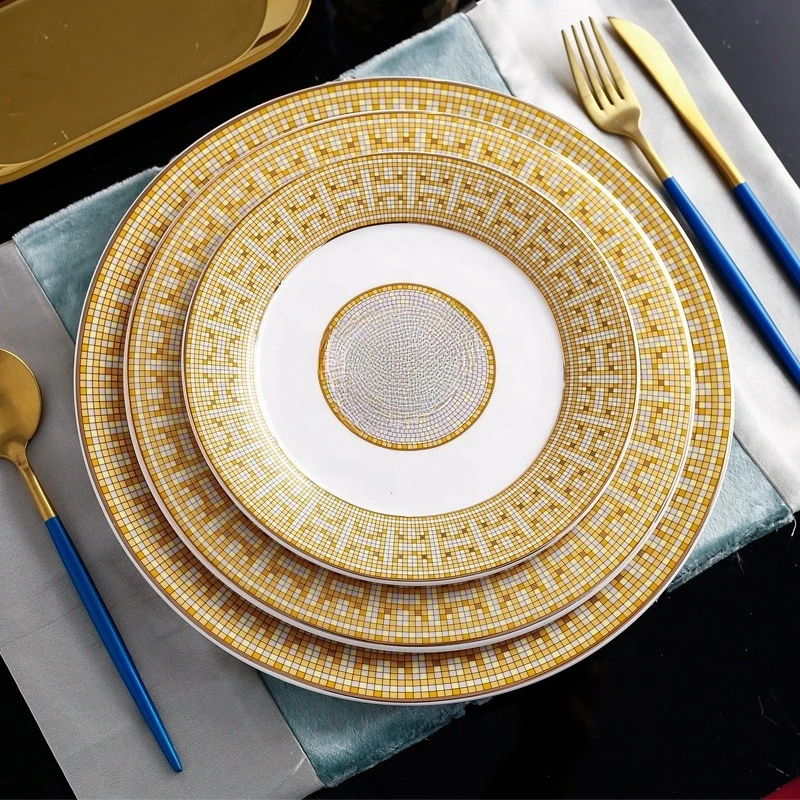 

Luxury ceramic gold dinner plate custom logo porcelain retro wedding gold charging plate