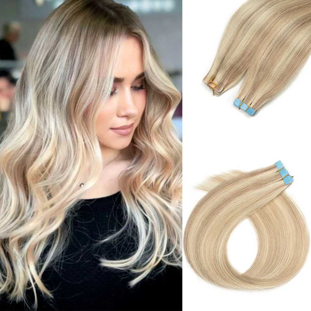 Blonde Mini Tape in Hair Extensions, Cheveux Humains, Naturel, Noir, Brun, Postiches Sans Couture, Droite, Mini Tape in Human Hair, 10Pcs