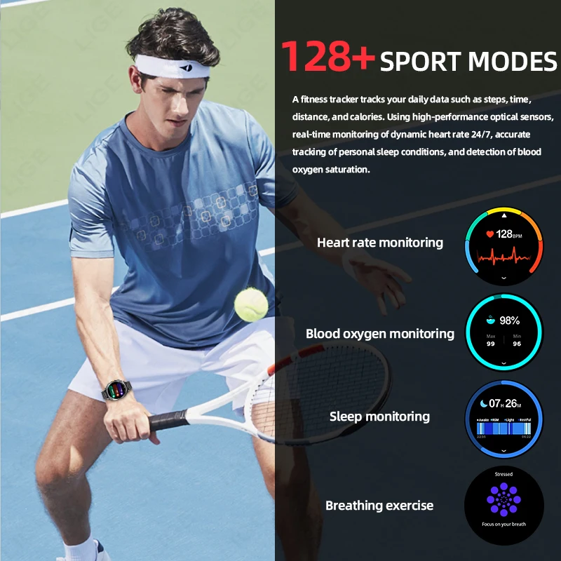 LIGE GPS posicionamiento Smartwatch monitoreo de ritmo cardíaco 100 + modo deportivo seguimiento reloj inteligente 3ATM linterna impermeable reloj inteligente