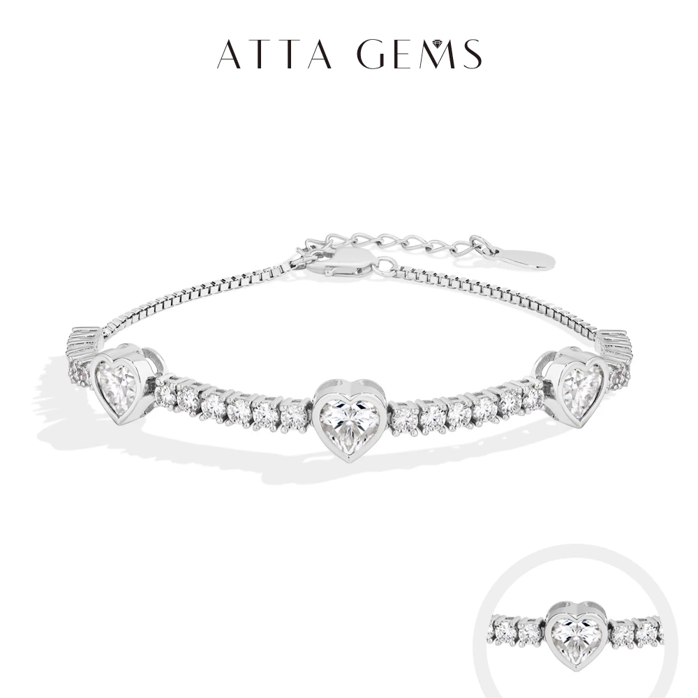 

ATTAGEMS Heart Shaped Moissanite Bracelet for Women S925 Sterling Silver Adjustable Tennis Chain Gold Plated Trendy Fine Jewelry