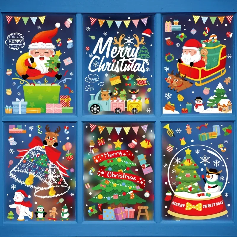 1PC Cartoon Christmas Mirror Window Sticker Santa Elk Snowflake Glass Wall Decal Decor Merry Christma Home Decor Static Stickers