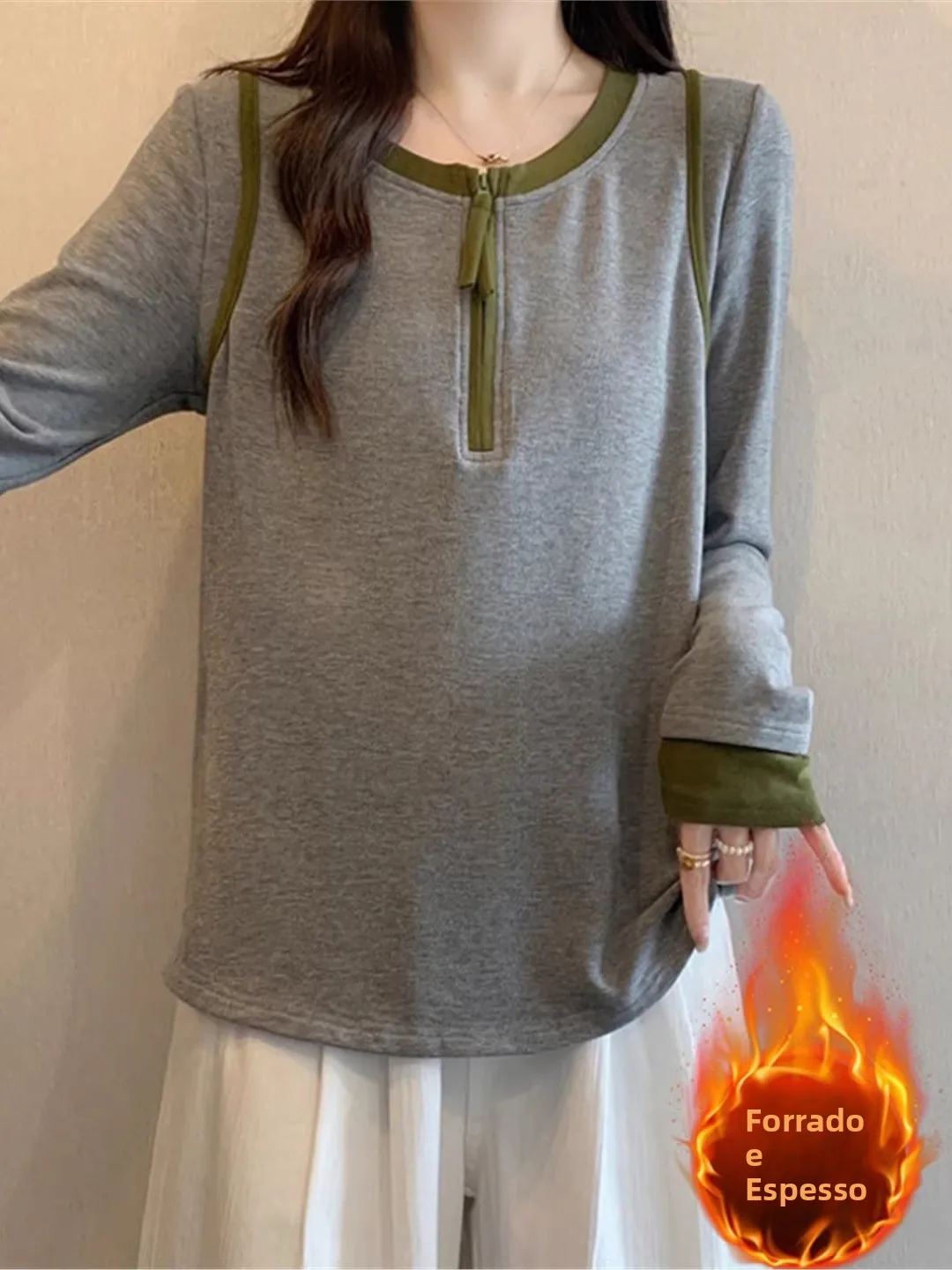 

Women's Fleece Lined Long Sleeve T-Shirt Loose Fit Zipper Casual Top plus Size Autumn Winter High Waist round Neck Basic Shirt