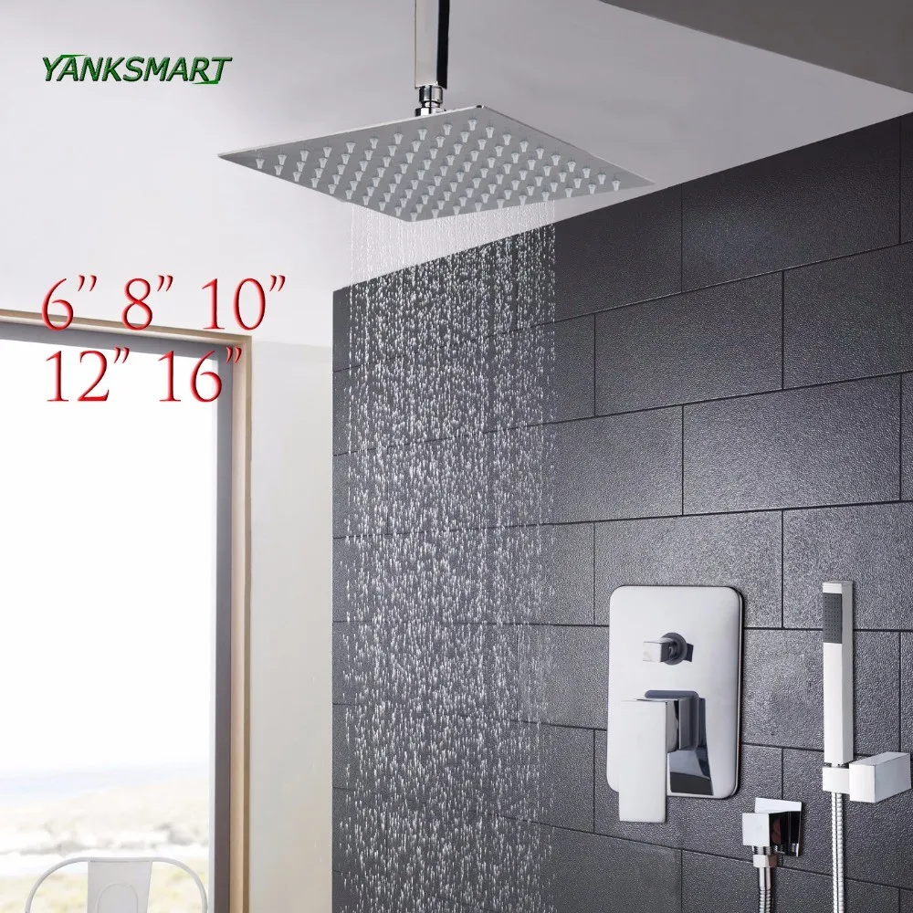 

YANKSMART Chrome 6 8 10 12 16 Inch Rainfall Head Bathroom Shower Facuet Set Stainless Steel Ceiling & Wall Mounted Mixer Faucets