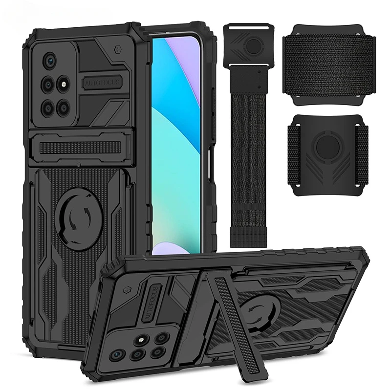 

New Heavy Duty Armor For Redmi 10 9 9A 9C 9T 10X 5G Wristband Back Sport Shockproof Casing Stand Holder CASE Cover