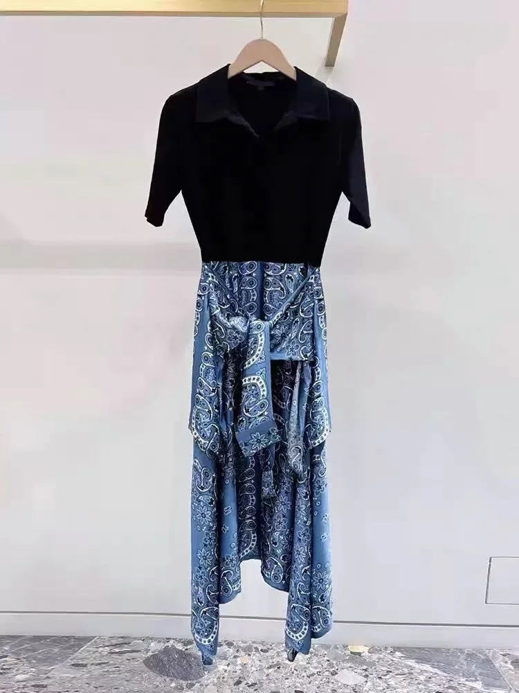 

2025 women's new short-sleeved patchwork dress round neck slim fit fake two-piece fashion midi robe