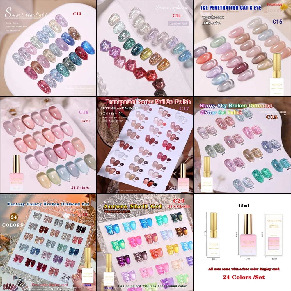 

Vendeeni 24 цвета/набор блестящий сломанный алмаз магнитный кошачий глаз УФ светодиодный желе кристалл маникюрный гель-лак для ногтей с цветной картой