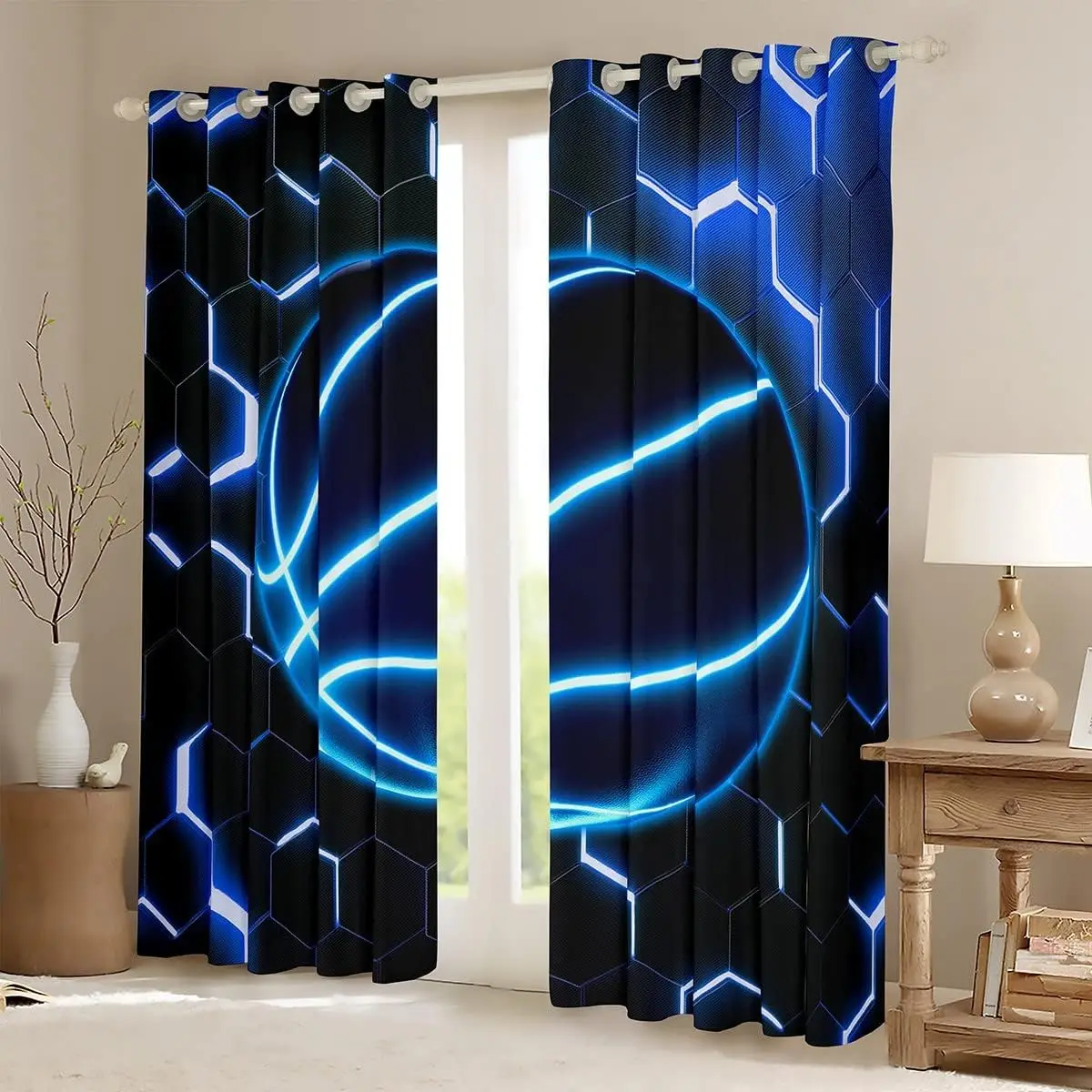 2panel Basketball Semi-Blackout Curtain for Bedroom Boys Sports Theme Room Darkening Curtain for Kids Teens 3D Basketball Drapes