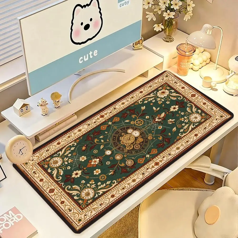 Dark Green Floral Persian Rug Pattern Mouse Pad Smooth Cloth Surface Non Slip Base For Vintage Home Decor