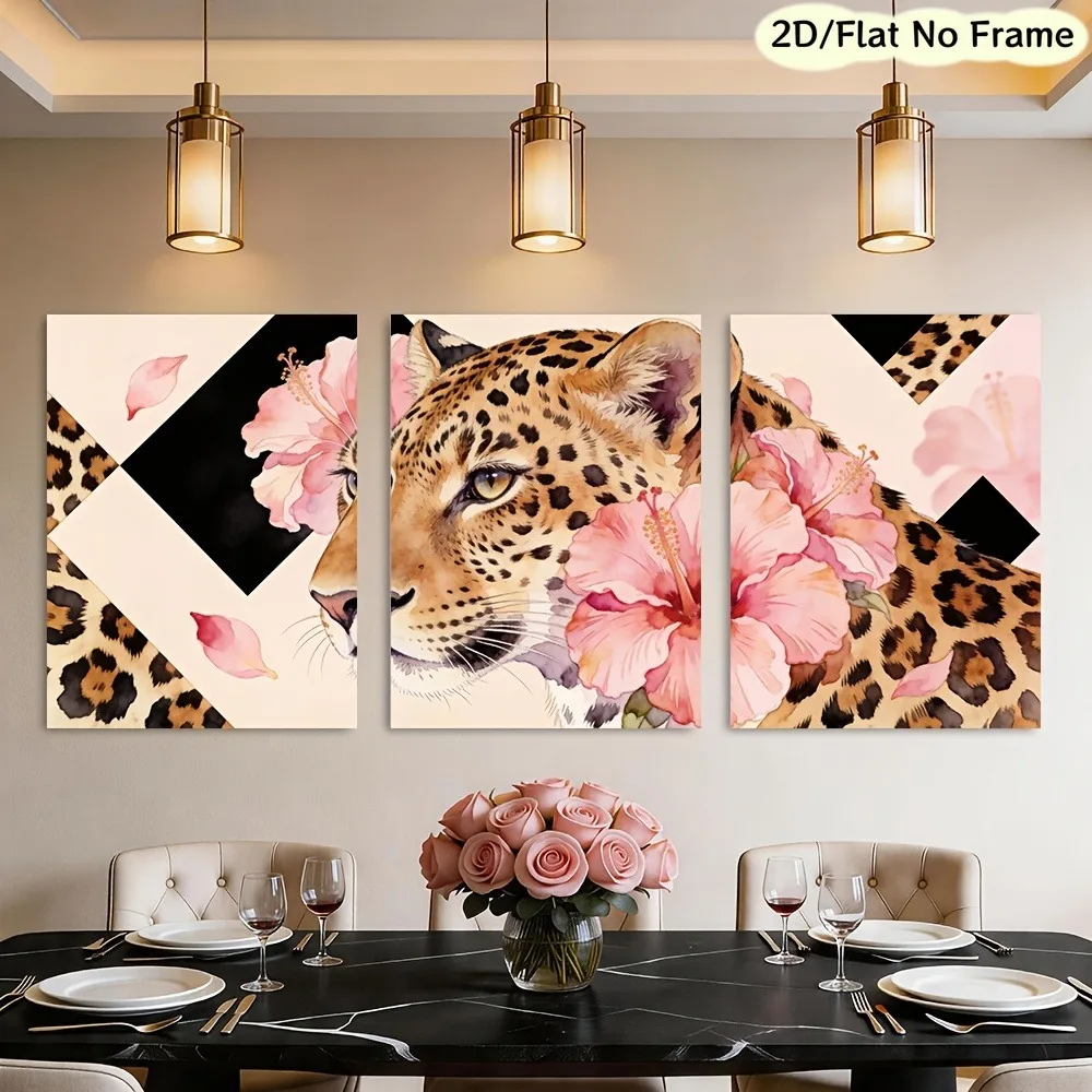 （NO Frame 3PCS）-2D Flat, 2D/FLAT, Frameless, 3pcs Elegant Leopard Print and Pink Hibiscus Art, Exotic Wildlife with Cheetah P