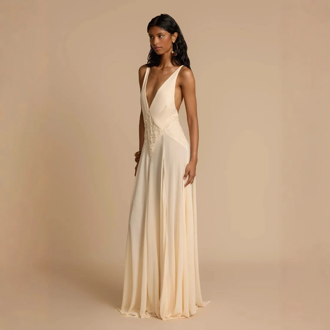 Beige Deep V-neck Suspender Dress Waist Mopping Long Dress Simple Fashion Temperament Elegant Slim And Thin Women's Clothing
