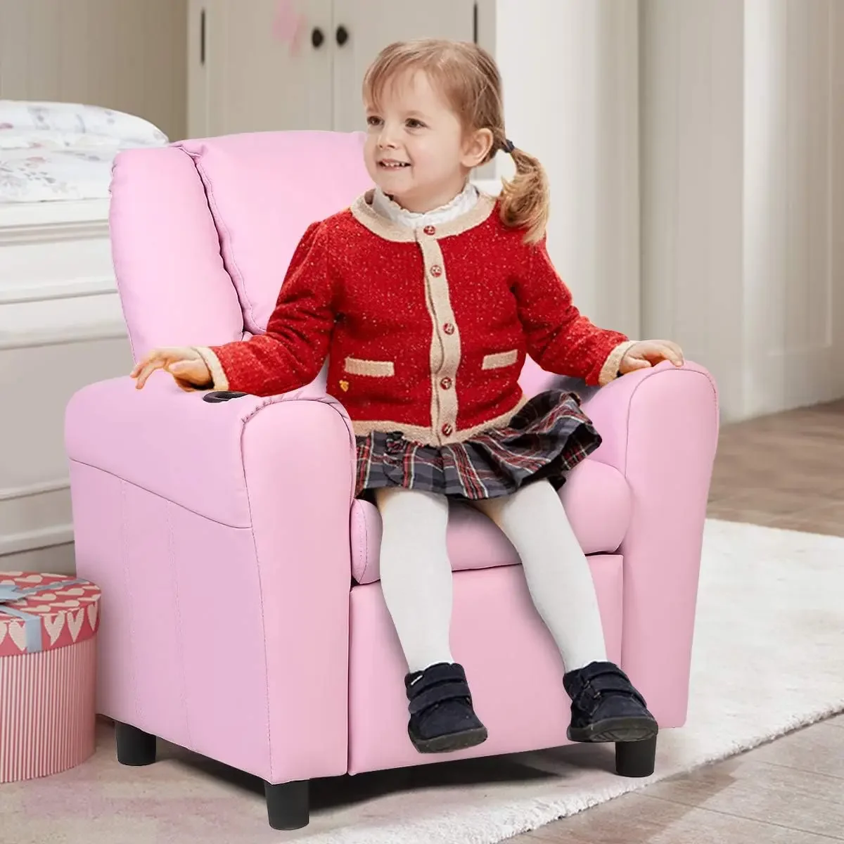 Kids Recliner Chair with Cup Holder, Toddler Room Furniture Children Armrest Sofa w/Headrest & Footrest for Girls Boys B