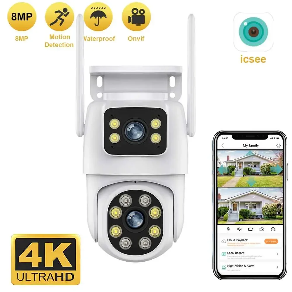 

HD Auto Tracking 4K 8MP PTZ WIFI Camera Dual Lens Dual Screen IP Camera Outdoor 4MP Security Protection CCTV Surveillance iCSee