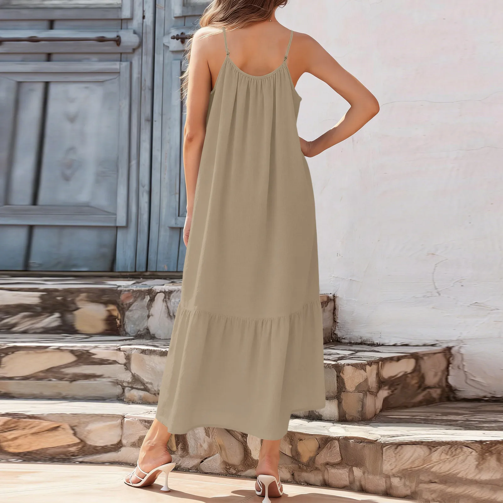 ชุดเดรสฤดูร้อนสำหรับผู้หญิง สายเดี่ยว คอวี แต่งระบาย จับสม็อค ทรงพลิ้ว สไตล์โบฮีเมียน ยาว