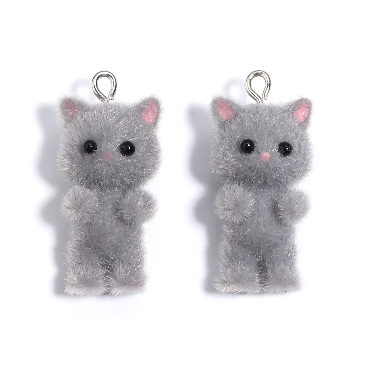 2pcs Cute 3D Fluffy Flocking Resin Cat Charms