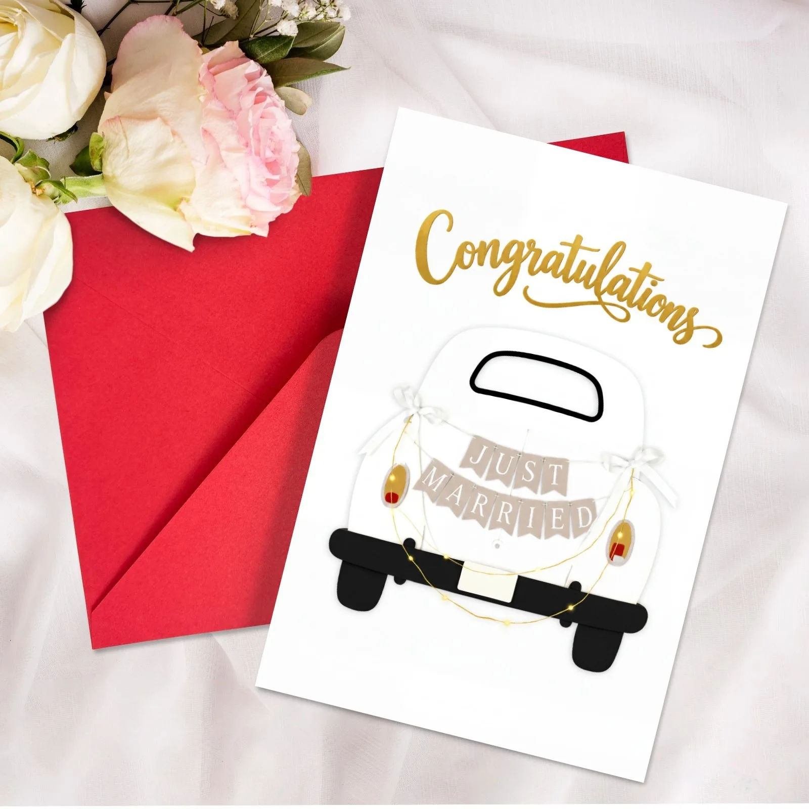 Gold Foil Just Married Wedding Car Greeting Card Congratulations Text Cute Newlywed Car Pattern Wedding Wish Card For Couple Gif