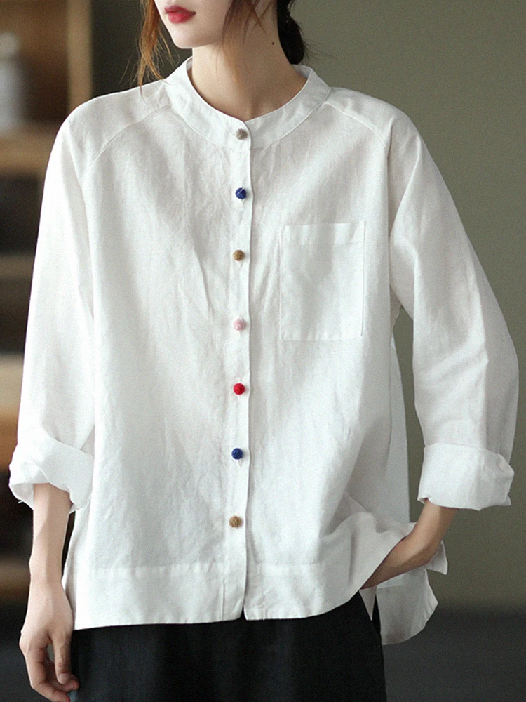 High-End Linen Cotton Casual round Ne Long Sve Women's irt Large Size Comfortable Breathable Faionable Korean Sle